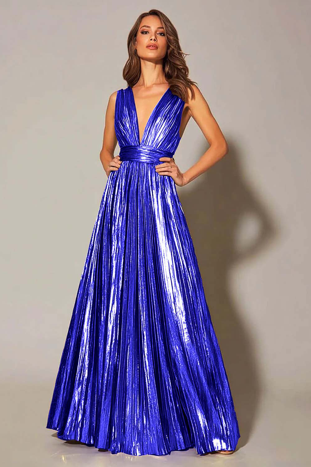 Robe de soirée plissée coupe trapèze doré métallisé
