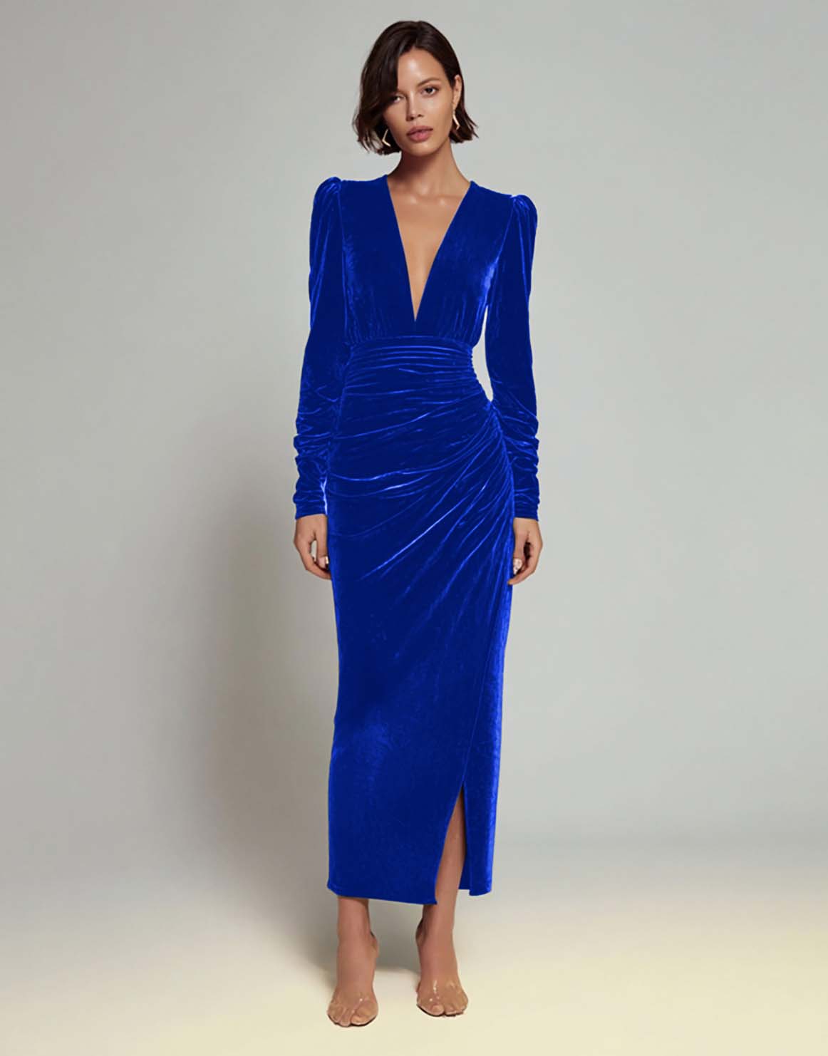 Velvet Sheath Olive V-Neck Ruched Choir Dress with slit