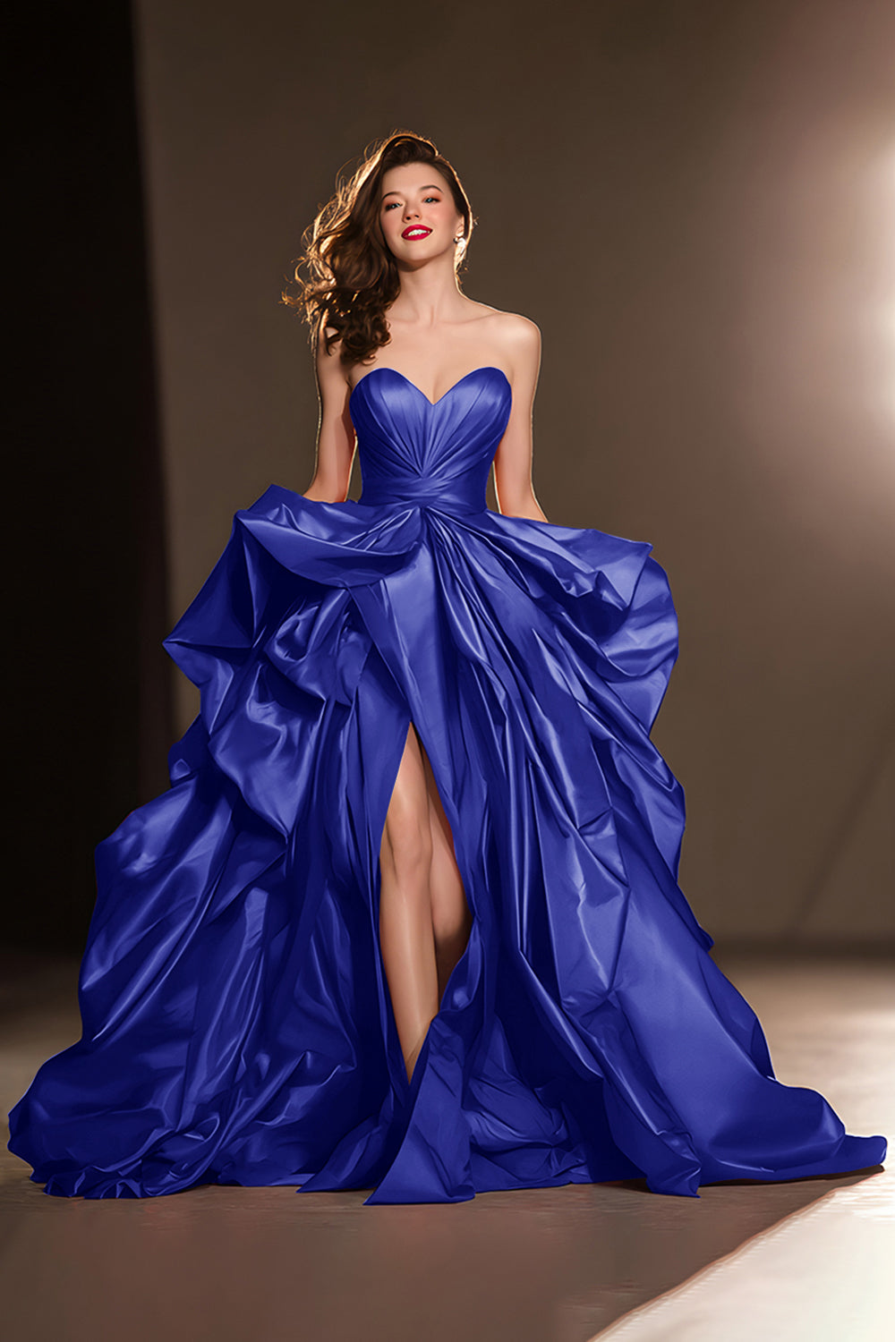 A-Line Sweetheart Dark Red Ruffle Pageant Dress with Slit
