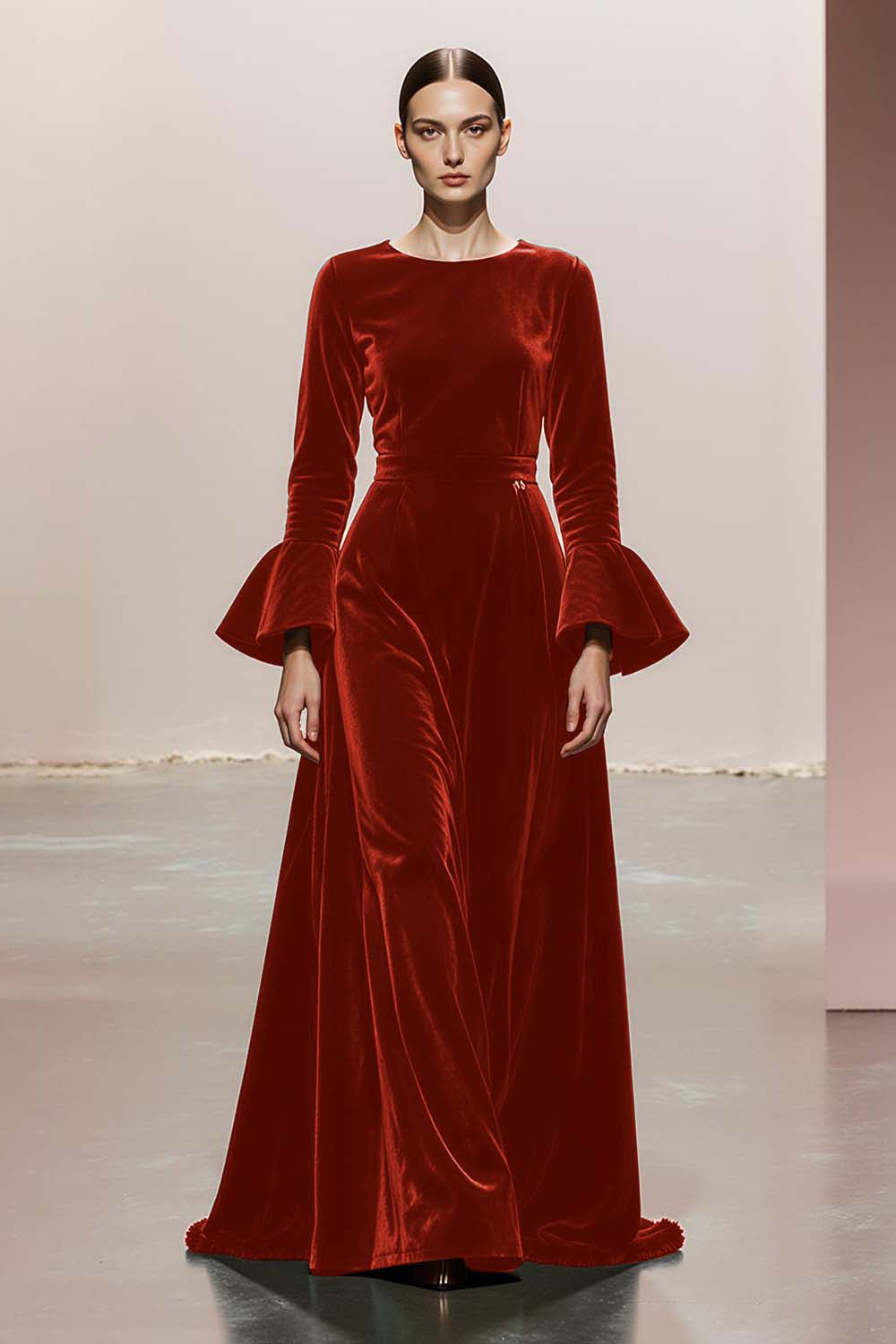 Dark Green A-Line Round Neck Long Sleeves Velvet Military Ball Dresses