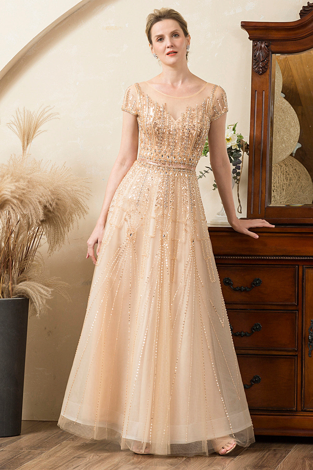 Robe de mère de la mariée perlée dorée