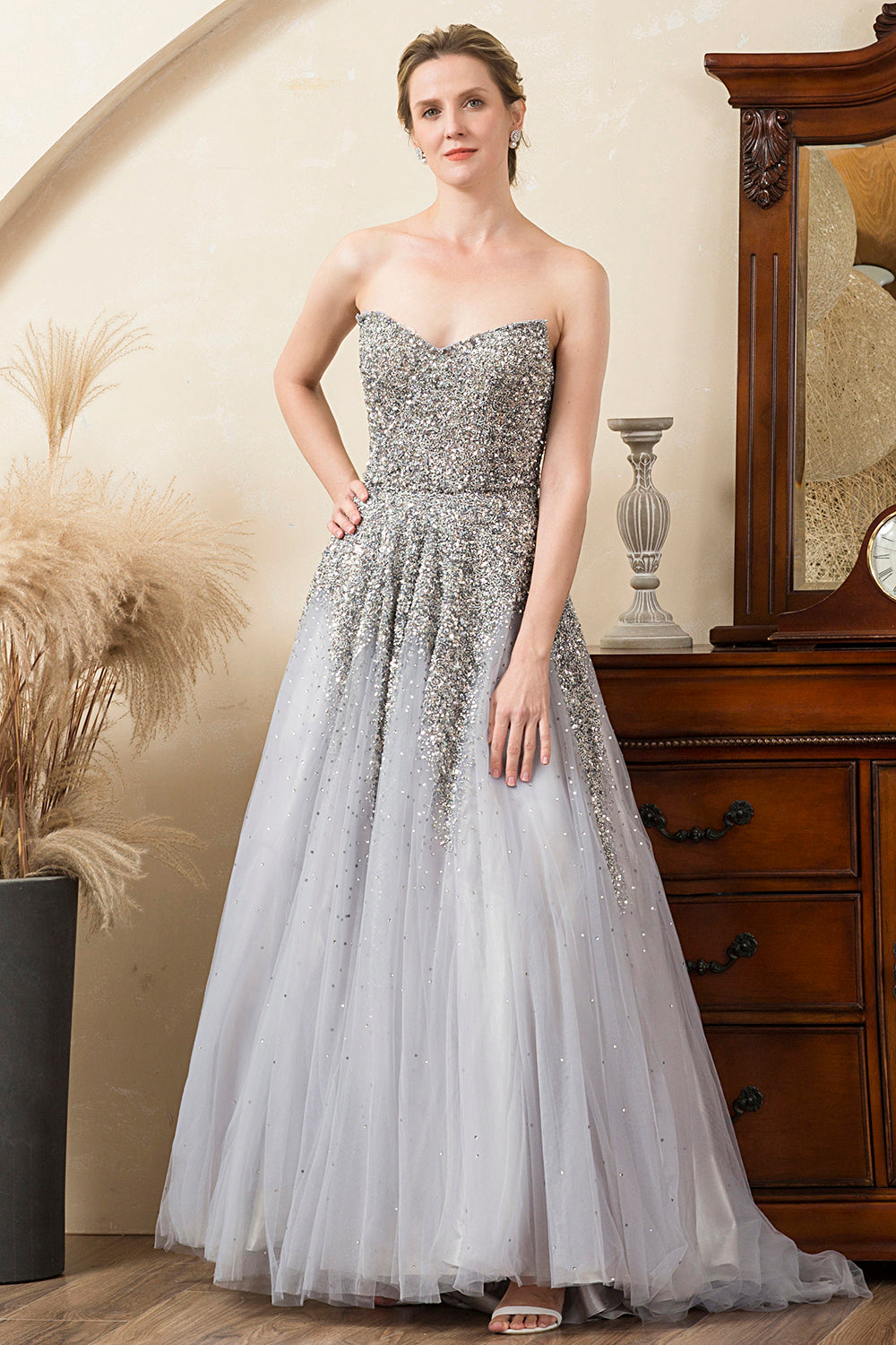 Grey Beaded Sparkly Mother of the Bride Dress