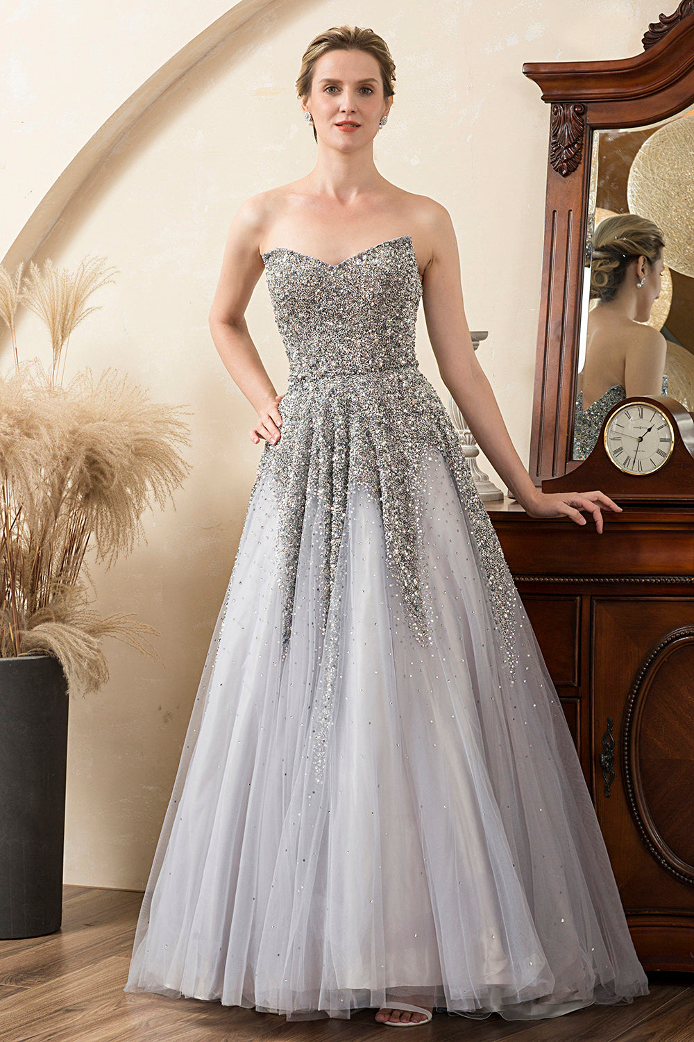 Grey Beaded Sparkly Mother of the Bride Dress