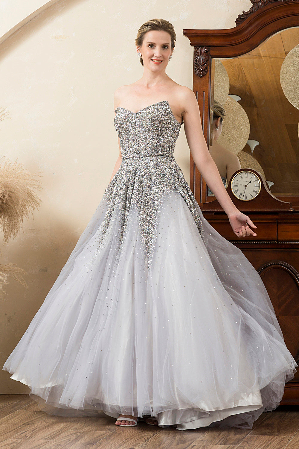 Grey Beaded Sparkly Mother of the Bride Dress