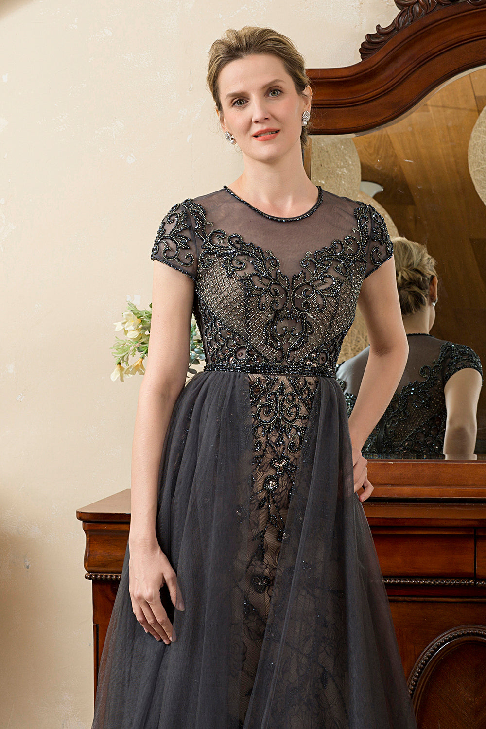 Grey A Line Tulle Beaded Glitter Mother of the Bride Dress
