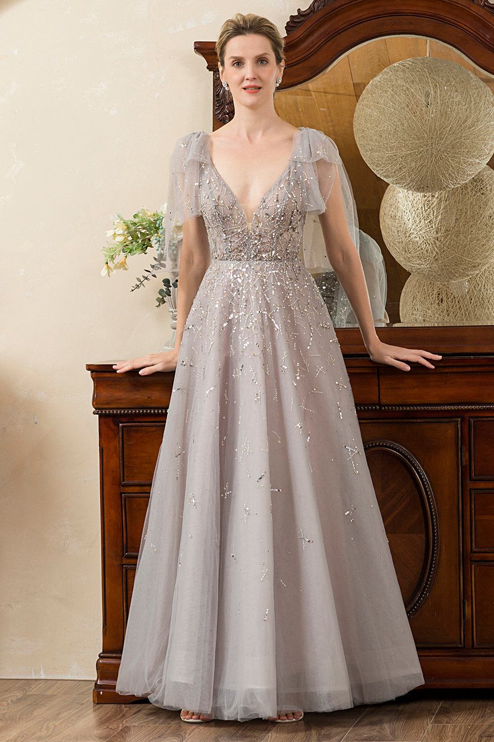 Robe Mère de la mariée grise, ligne A, perlée, scintillante