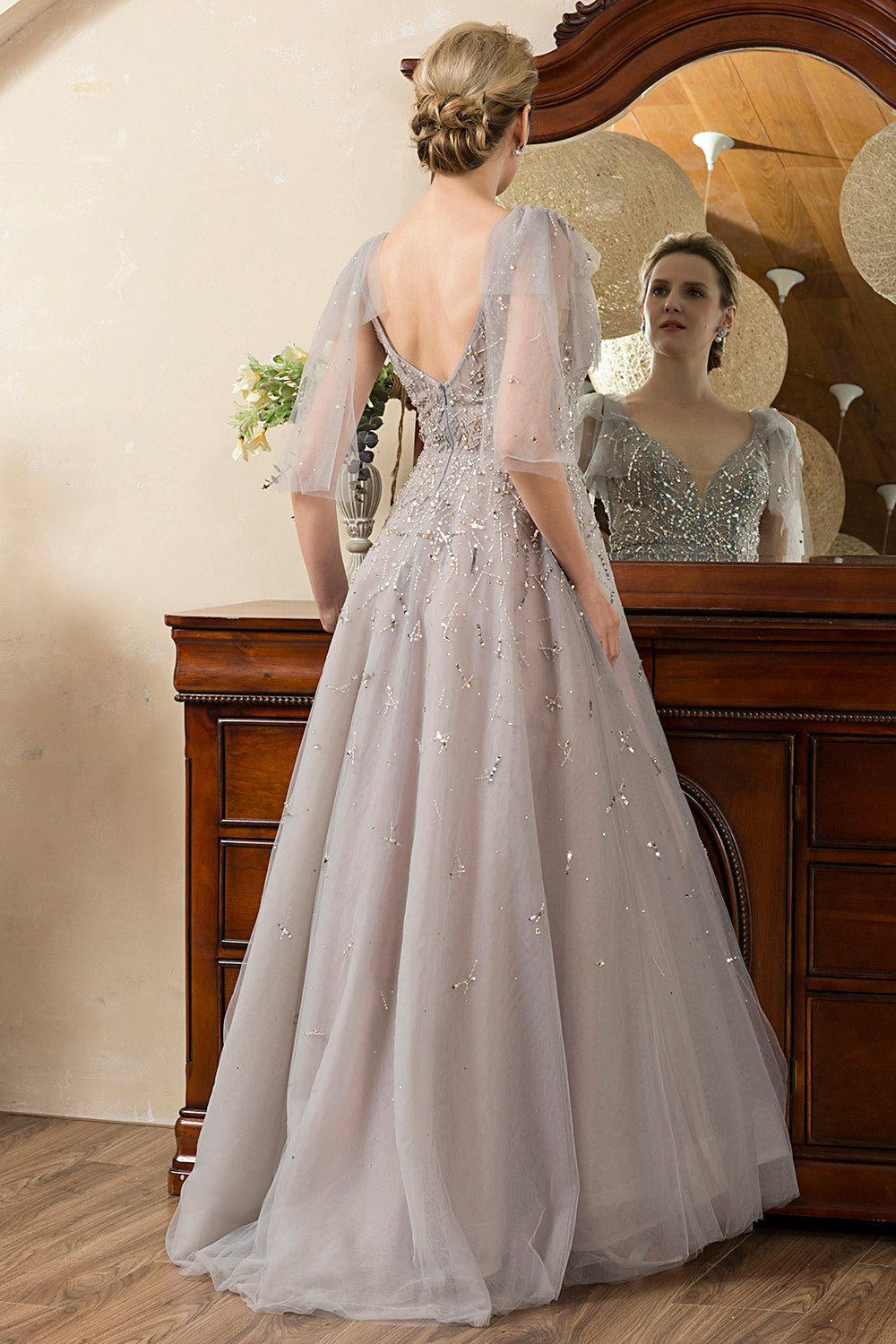 Robe Mère de la mariée grise, ligne A, perlée, scintillante