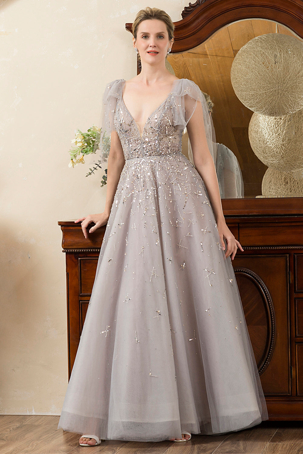 Robe Mère de la mariée grise, ligne A, perlée, scintillante