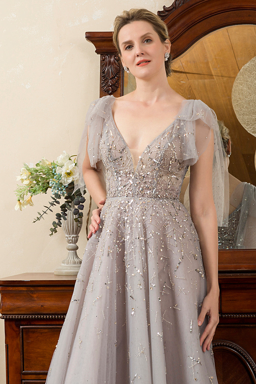 Robe Mère de la mariée grise, ligne A, perlée, scintillante