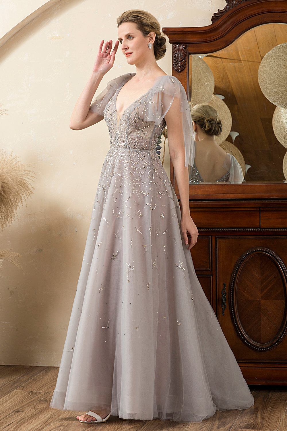 Robe Mère de la mariée grise, ligne A, perlée, scintillante