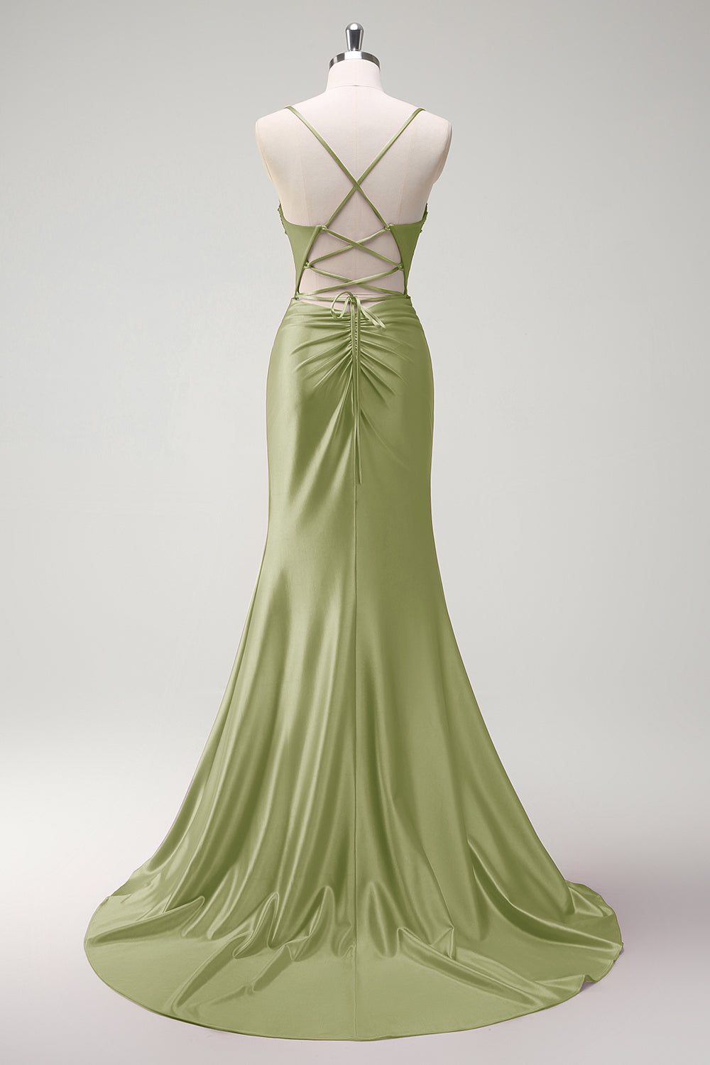 Sparkly Dark Green Mermaid Spaghetti Straps Beaded Corset Satin Long Prom Dress with Slit