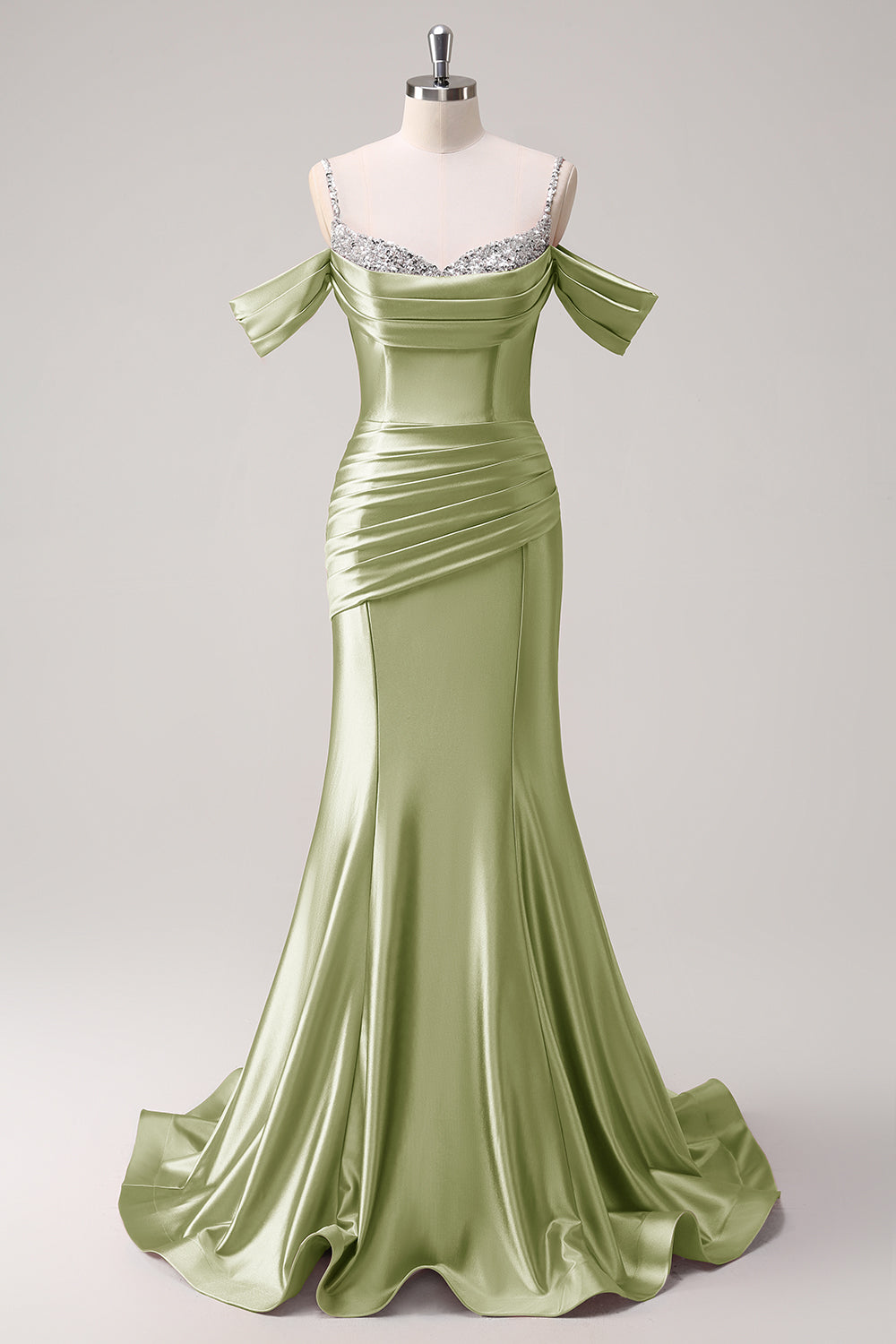 Robe de bal longue en satin froncé à paillettes épaules dénudées sirène dorée scintillante