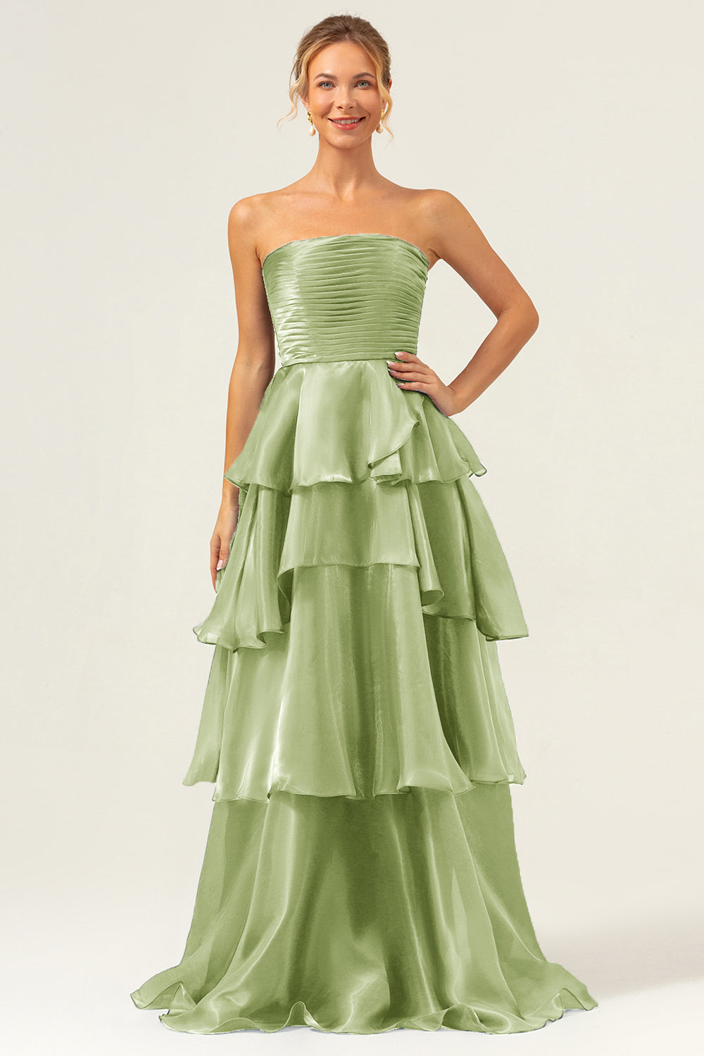 Blue A Line Strapless Tiered Satin Long Prom Dress