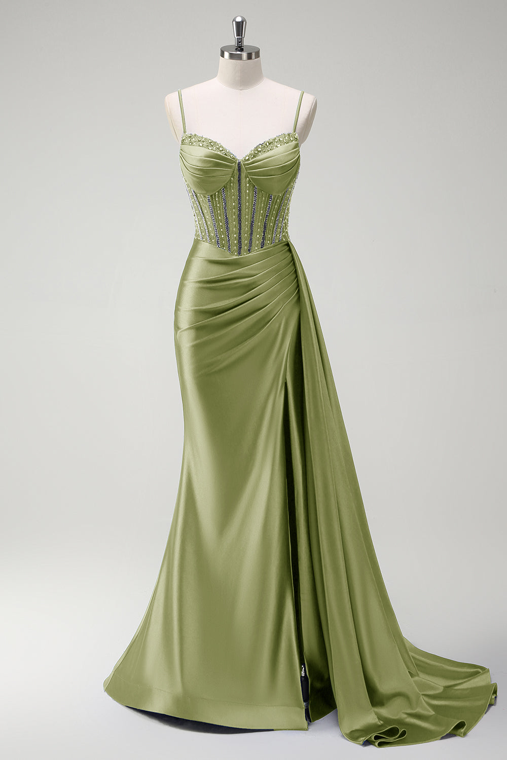 Robe longue de bal en satin plissée avec corset perlé sirène violet scintillant et fente