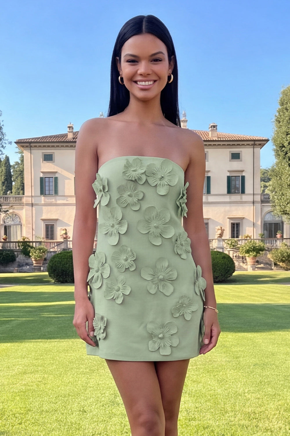 Strapless Hot Pink Bodycon Homecoming Dress with 3D Flowers