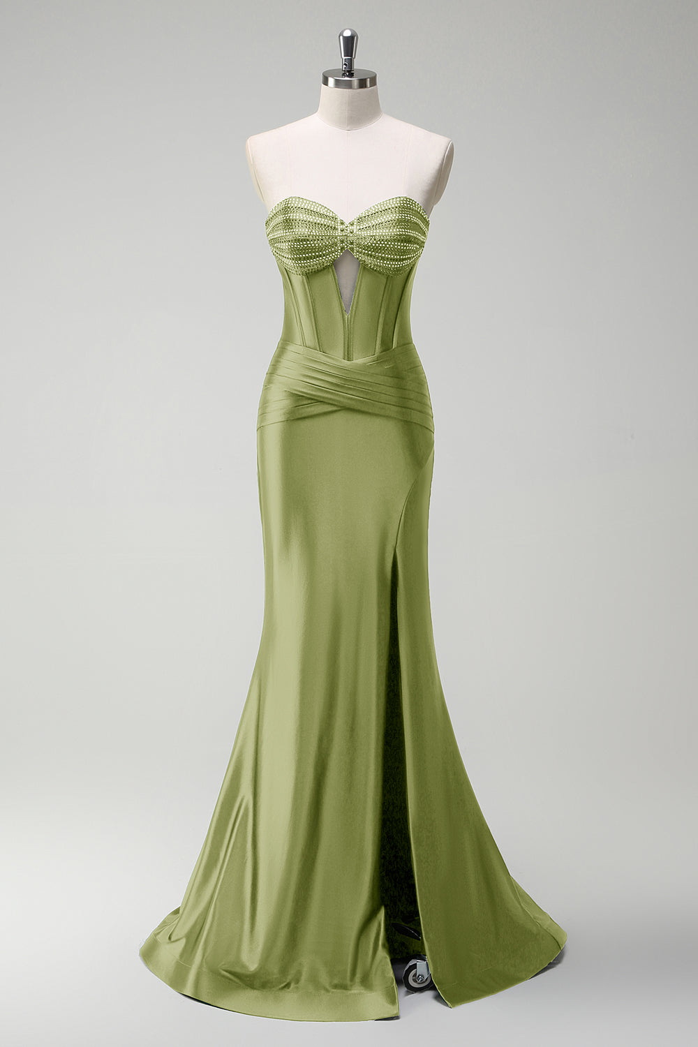 Robe de bal longue en satin bleu roi scintillant avec bustier orné de perles de sirène et fente