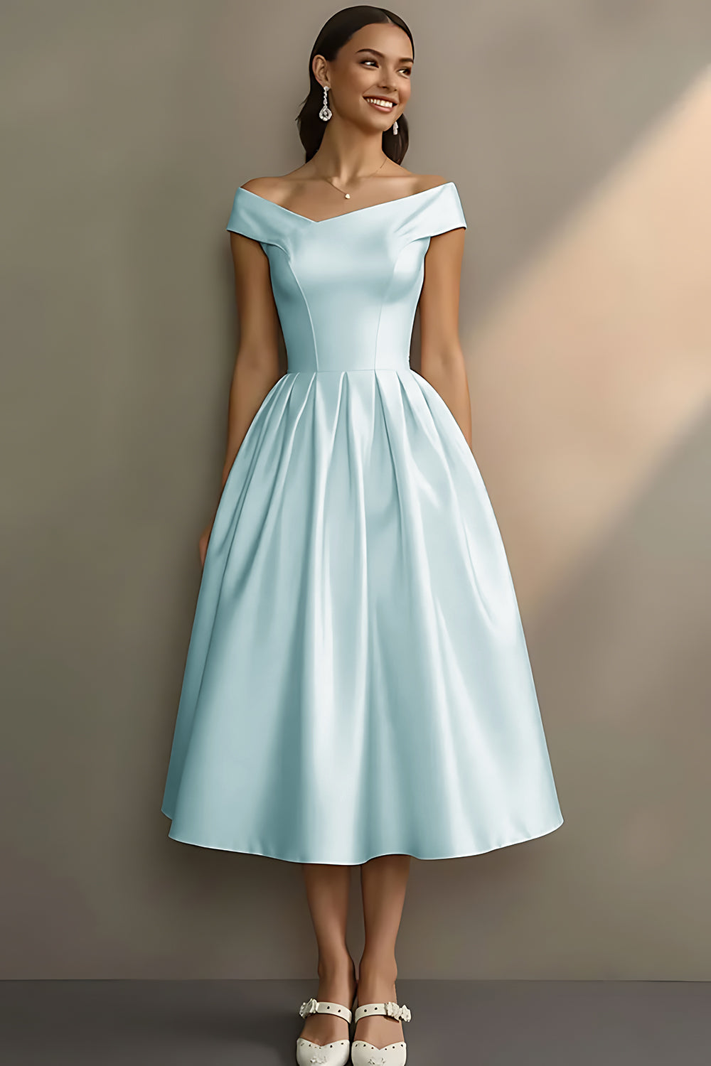 Robe de fiançailles midi trapèze blanche à épaules dénudées