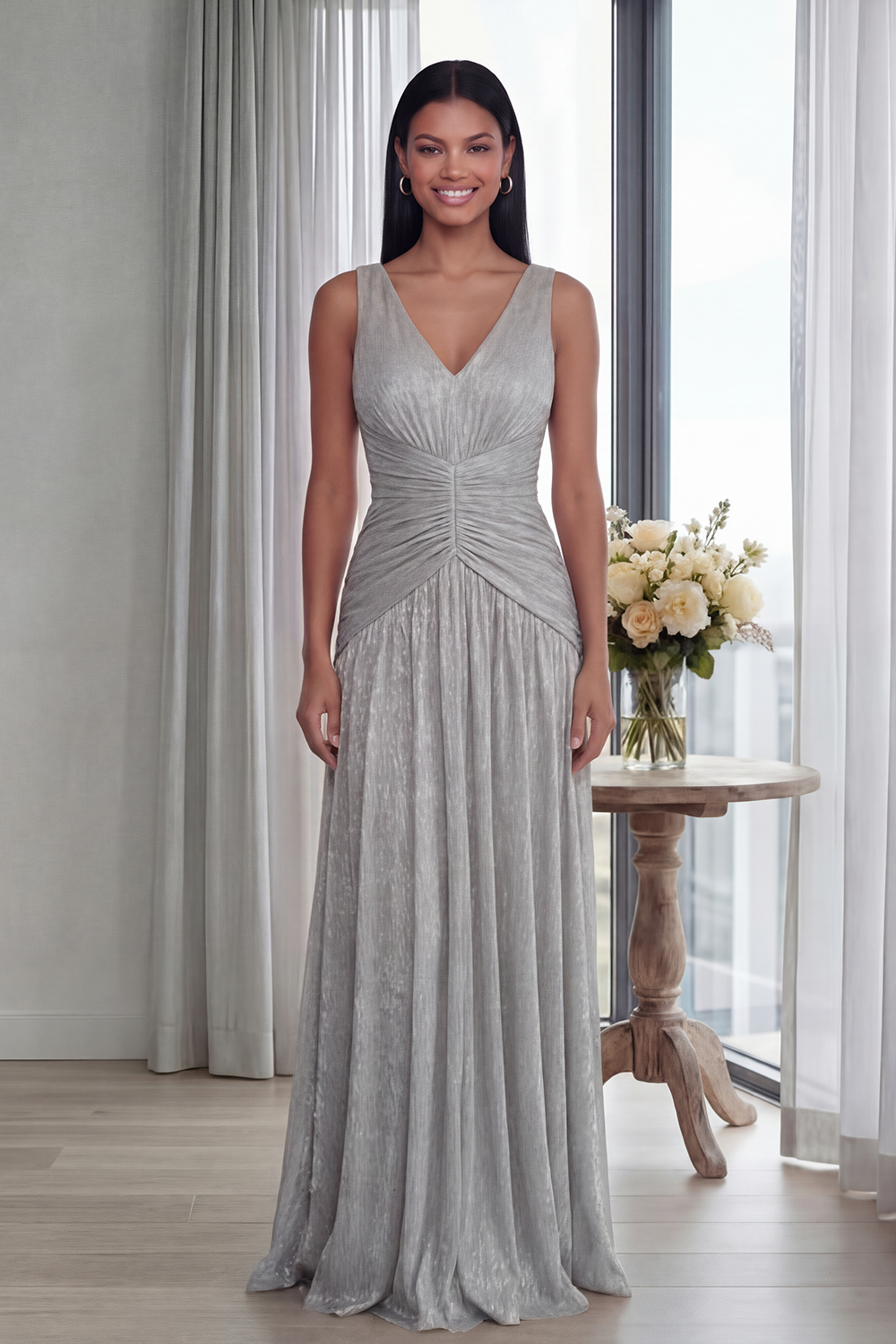 Dusty Rose V-Neck A-Line Pleated Long Formal Dress