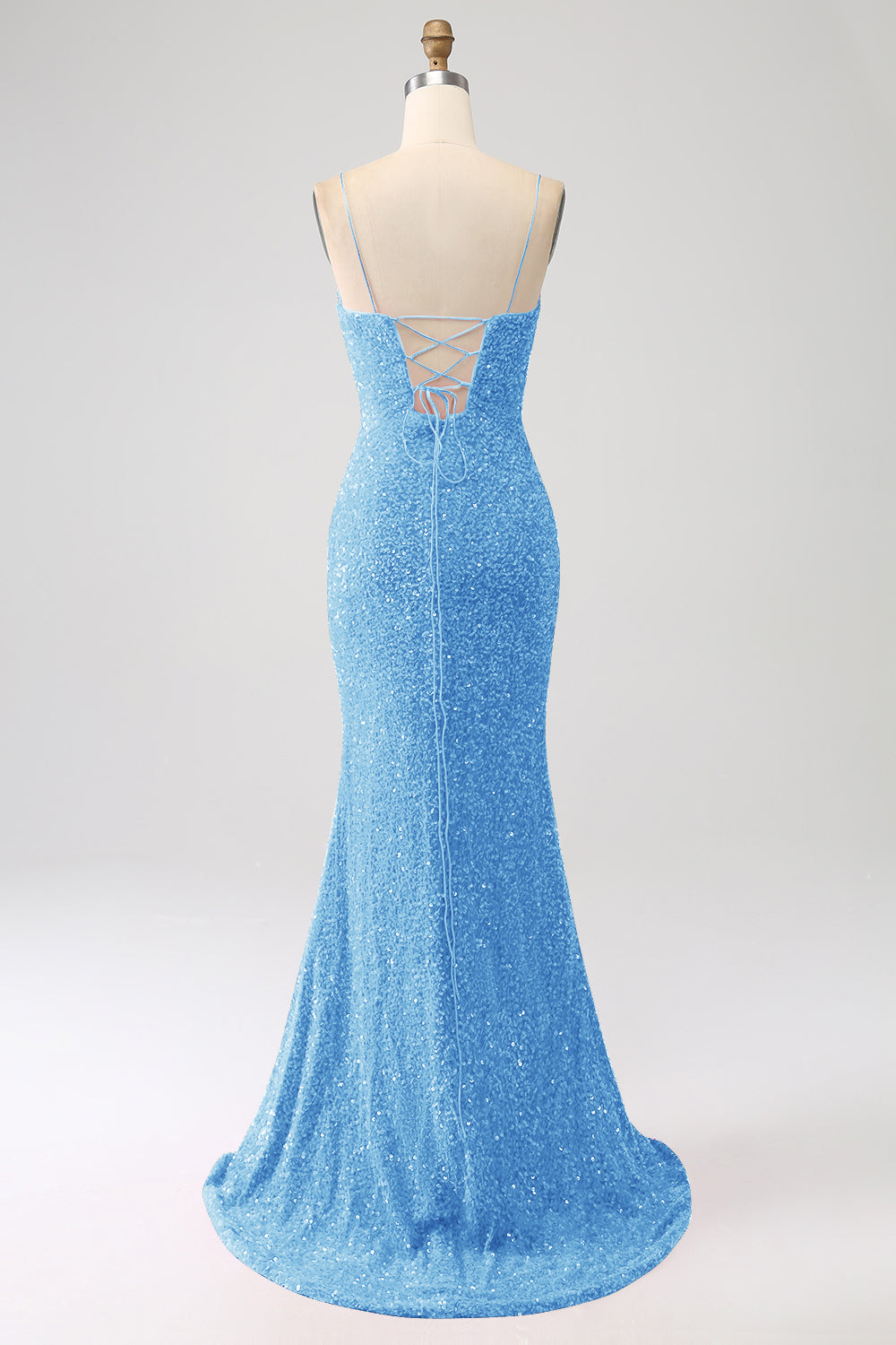 Robe de bal sirène marine à bretelles spaghetti avec sequins et fente