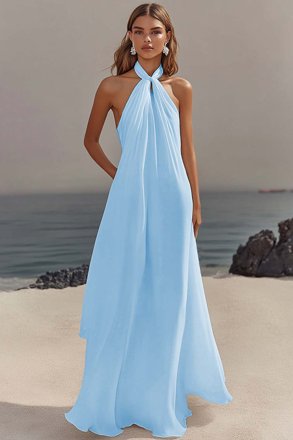 Elegant Sky Blue Halter Chiffon Formal Dress