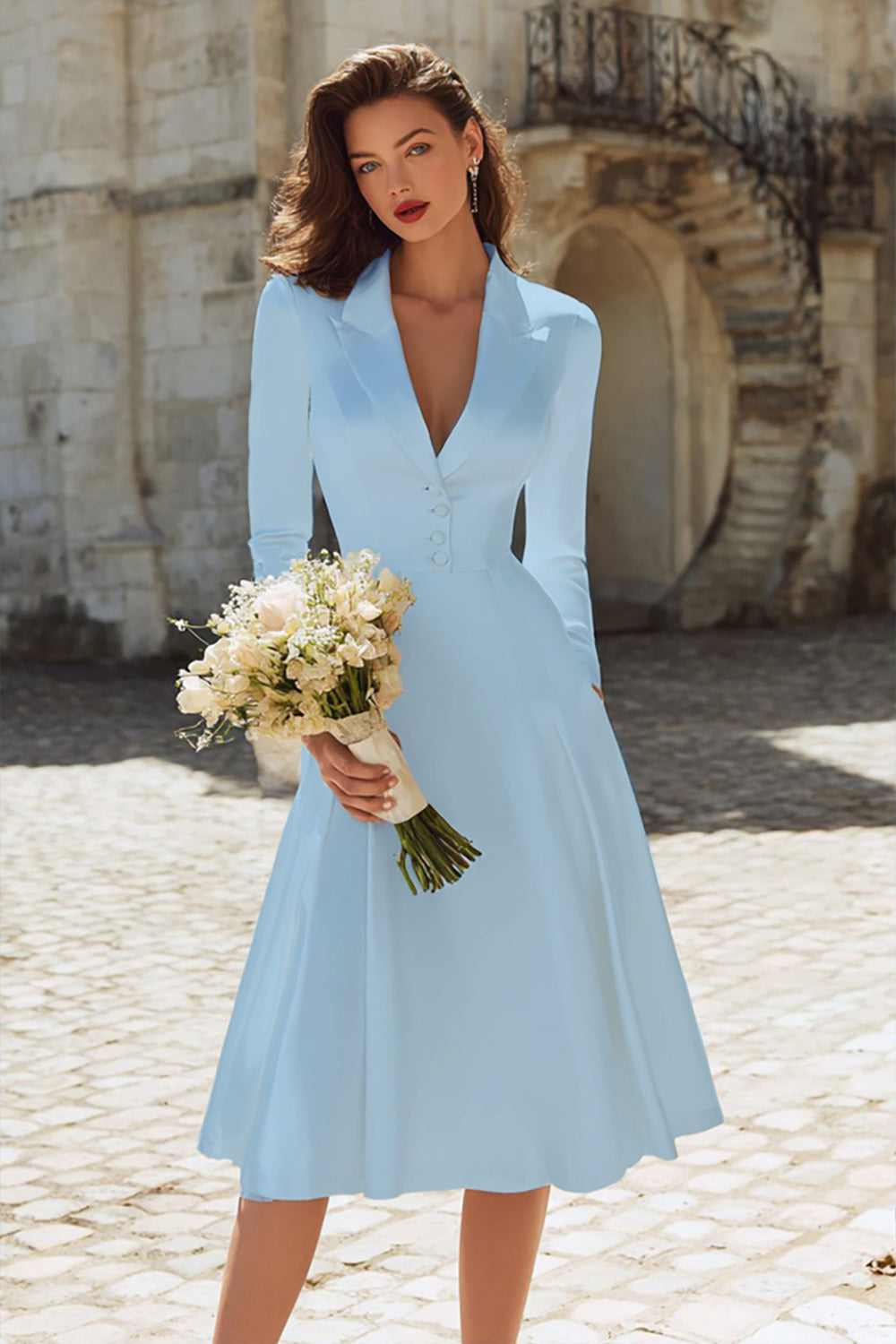 Ivory Satin Peaked Lapel A-Line Midi Engagement Dress