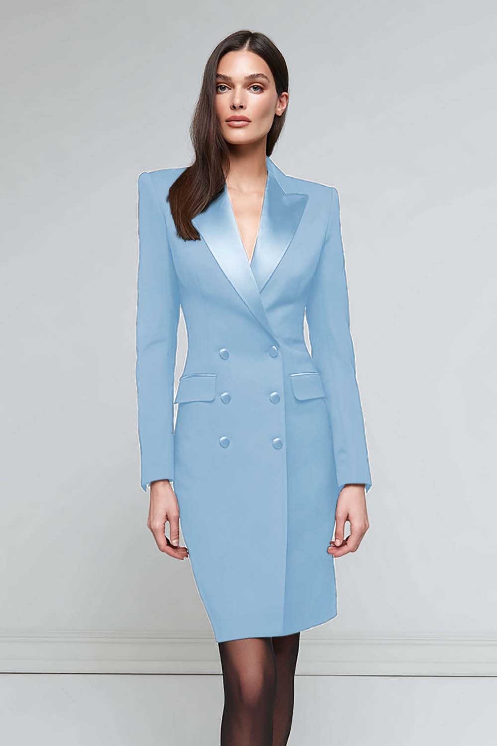 Satin Black Peak Lapel Midi Work Dress