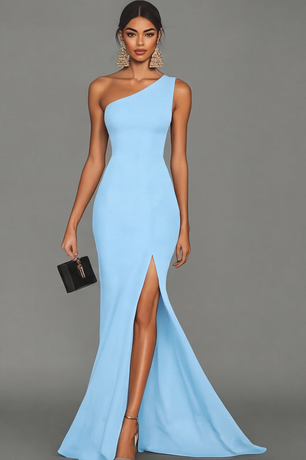 Robe de soirée sirène noire asymétrique avec fente