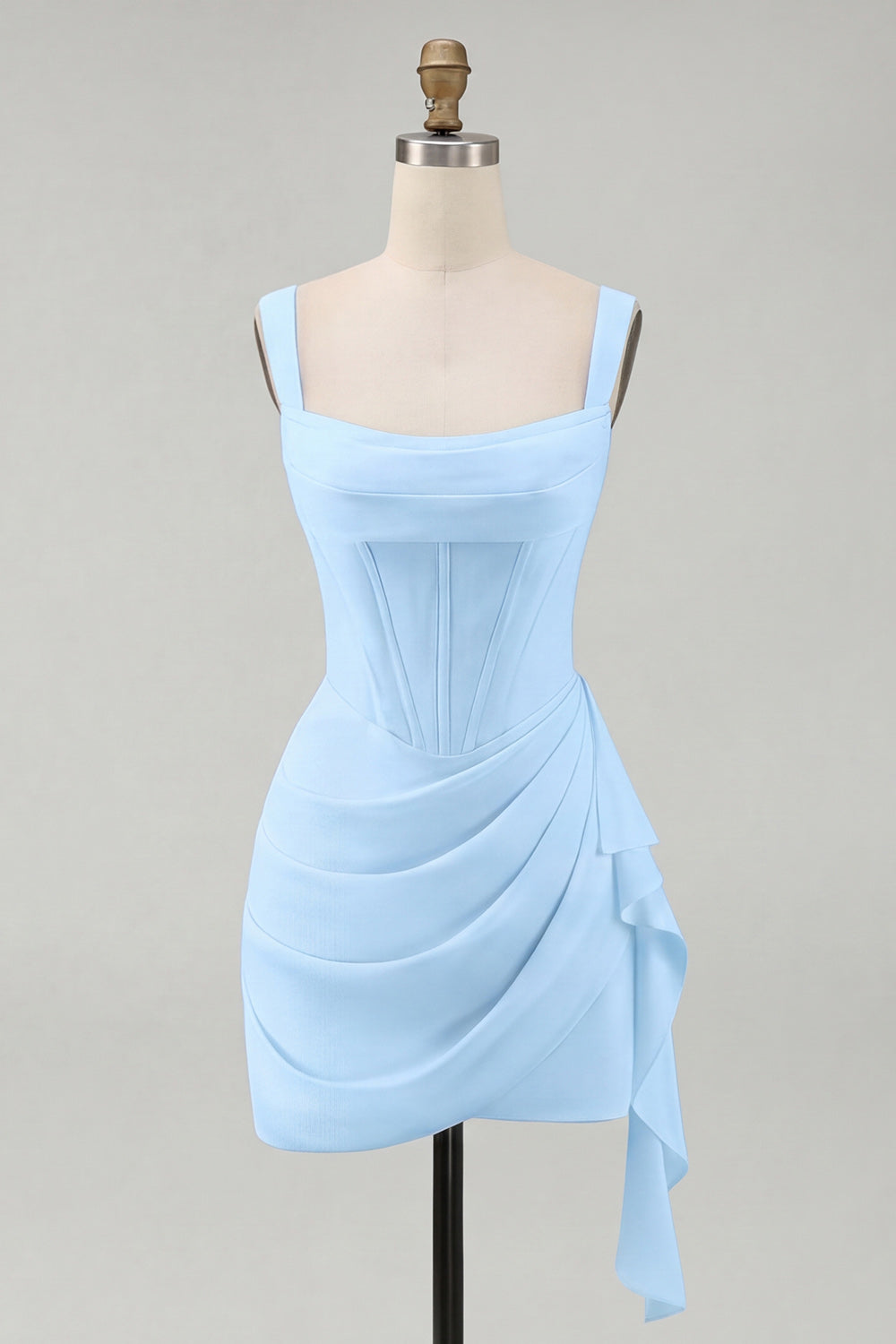 Ivory Corset Square Neck Ruched Bodycon Mini Graduation Dress with Ruffles