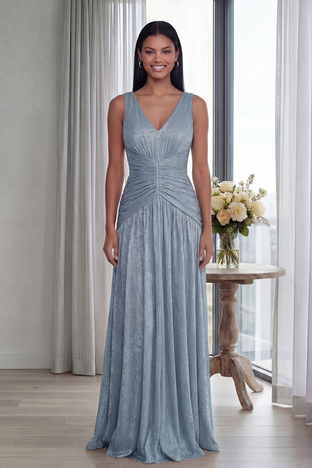 Dusty Rose V-Neck A-Line Pleated Long Formal Dress