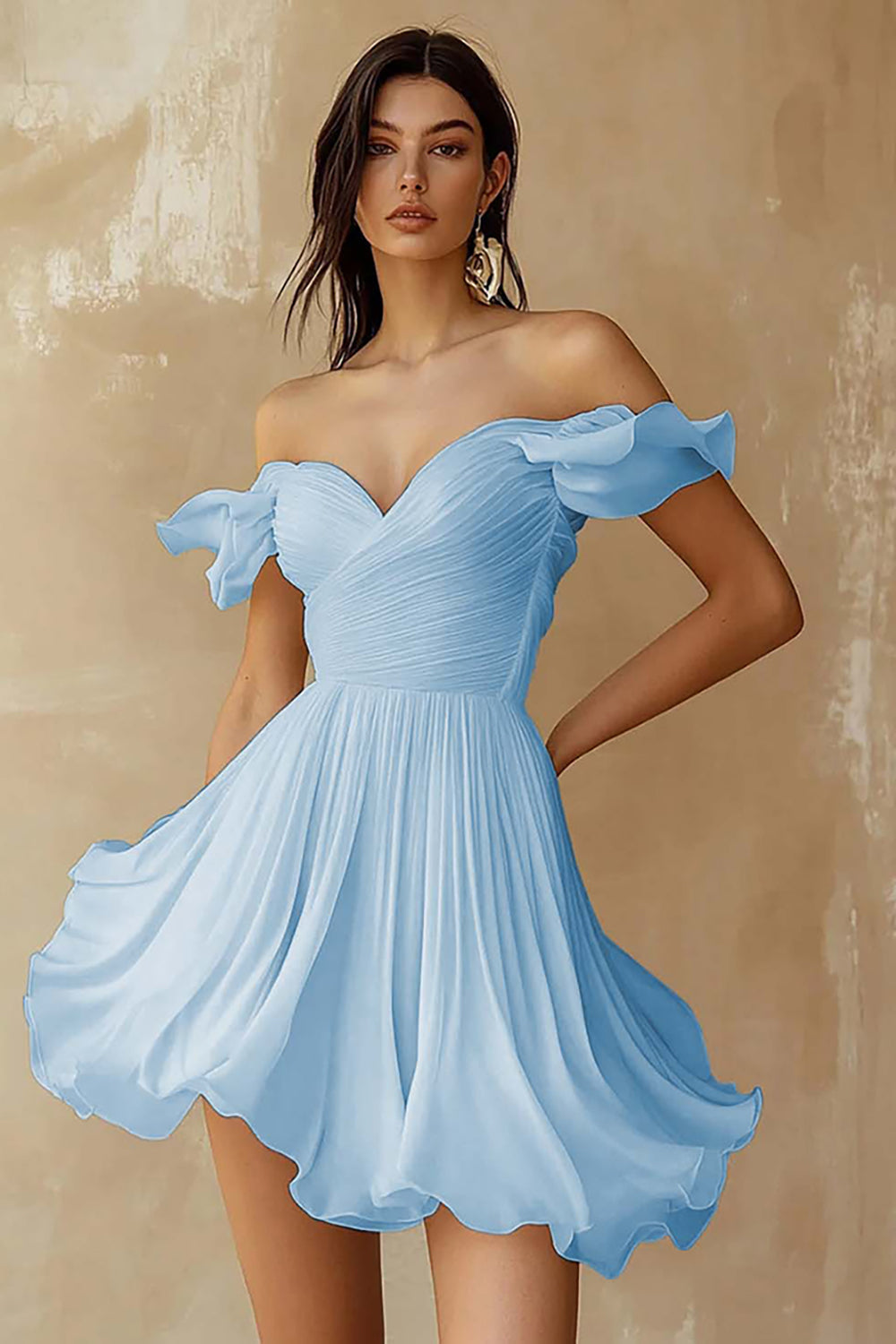 A-Line Ruffled Off-the-Shoulder Pleated White Graduation Dress