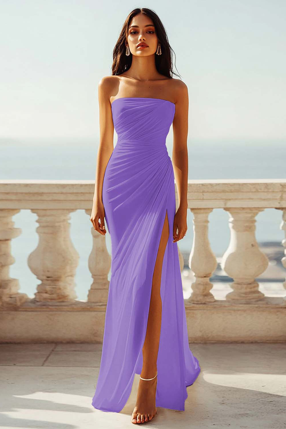Ruched Strapless Chiffon Ivory Beach Engagement Dress with Slit