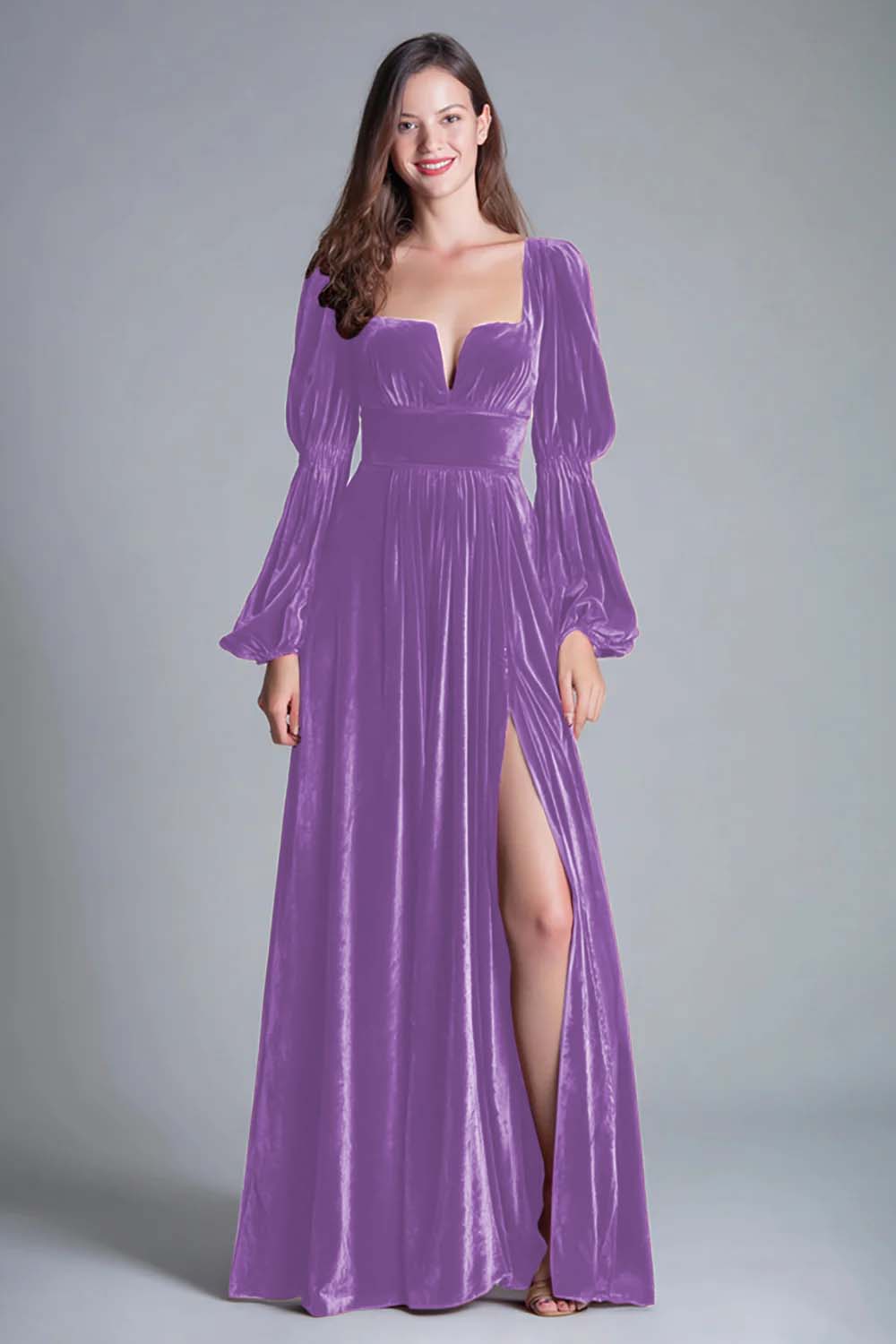 Vestido de noche formal línea A de terciopelo burdeos con cuello cuadrado y abertura