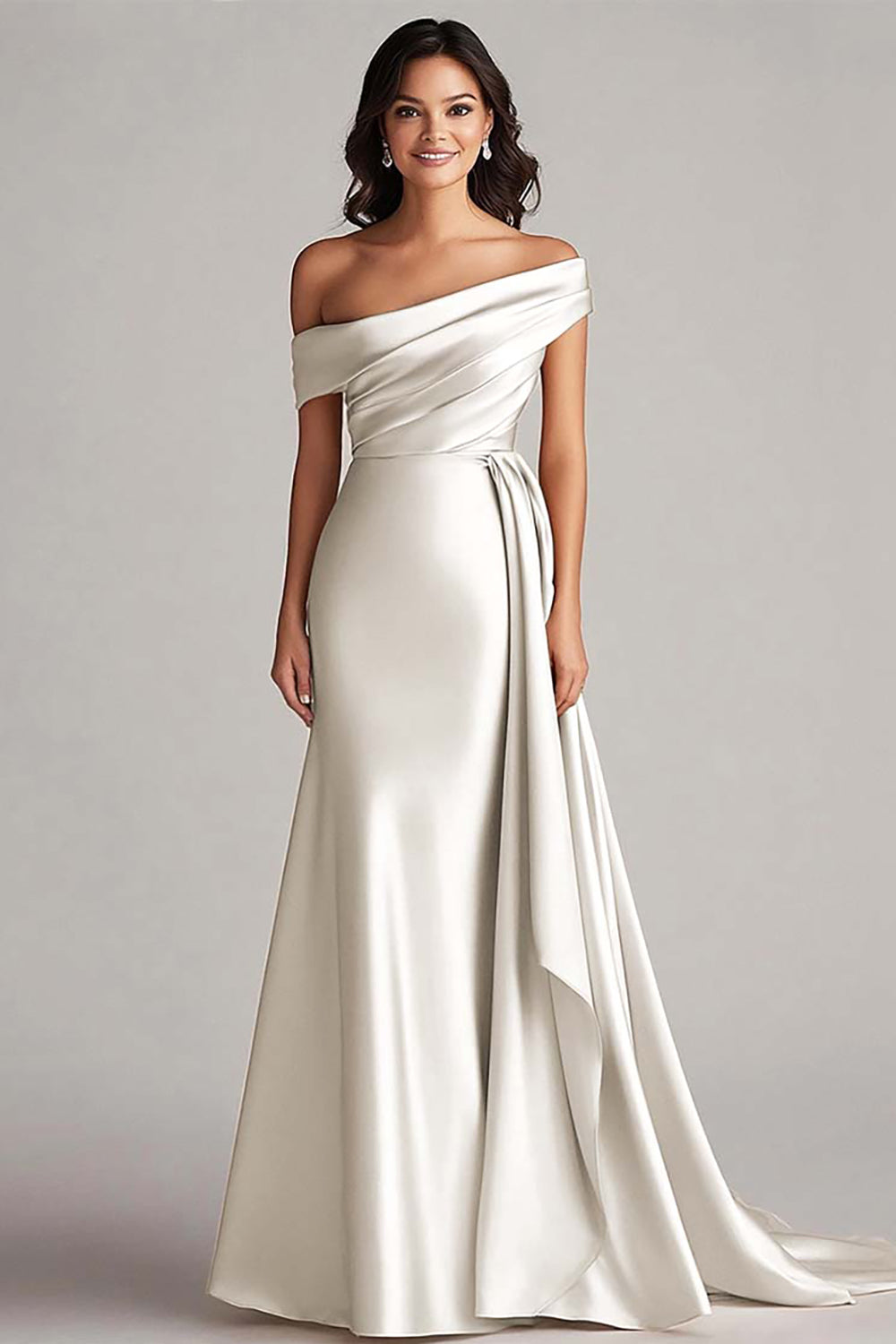 One-Shoulder Pleated Champagne Sheath Long Formal Dress