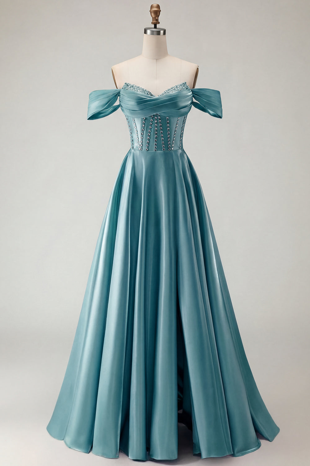 Robe de bal longue en tulle violet avec corset, épaules dénudées, perles, ligne A et fente