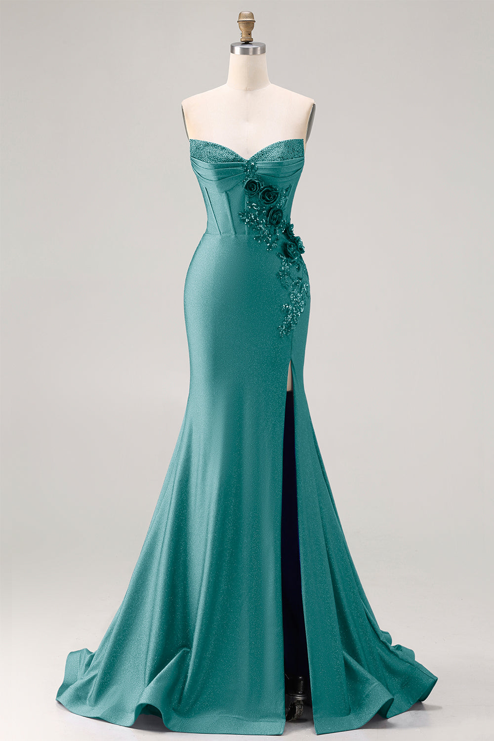 Royal Blue Strapless Mermaid 3D Flowers Beaded Long Prom Dress with Slit