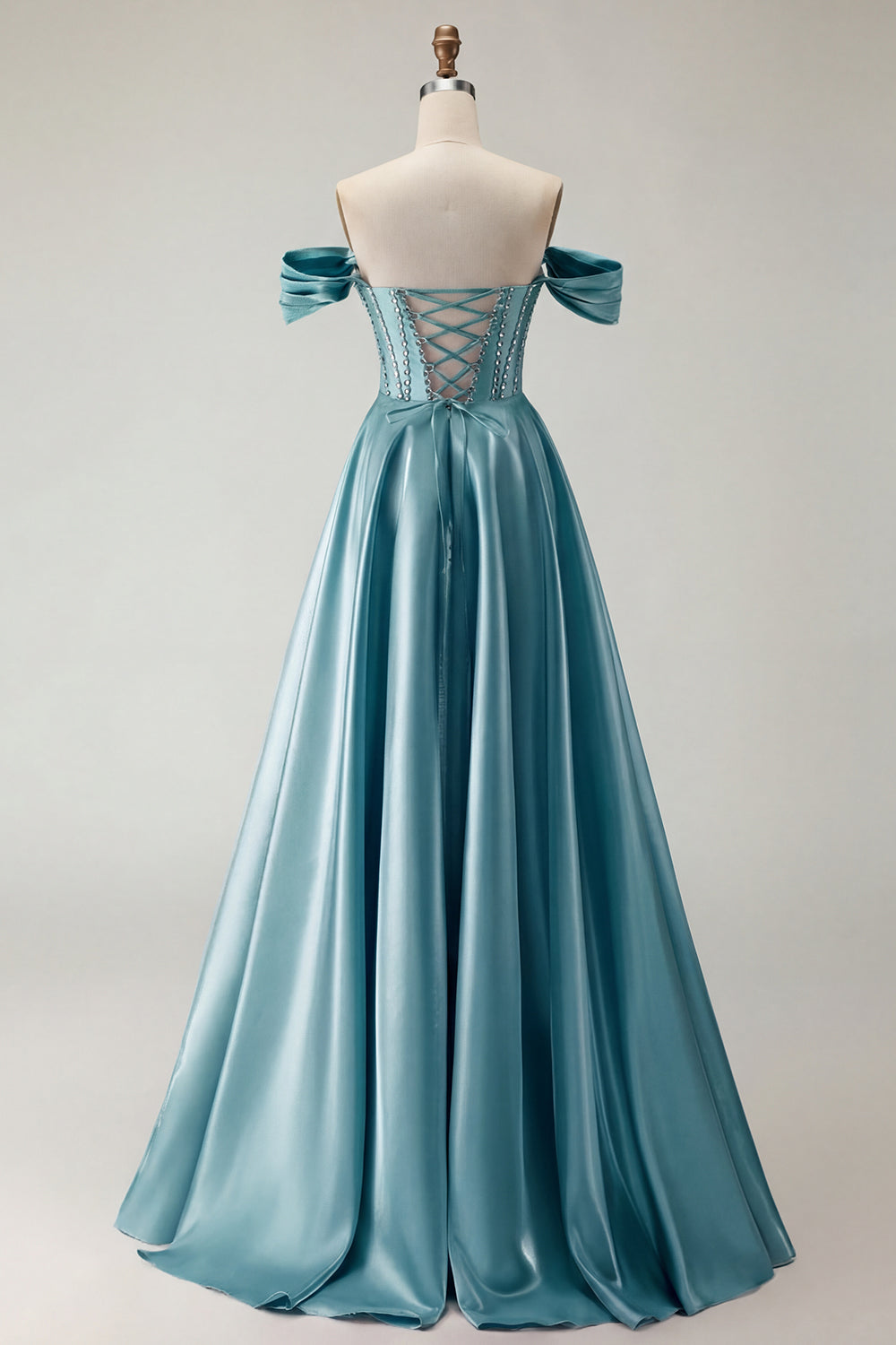 Robe de bal longue en tulle violet avec corset, épaules dénudées, perles, ligne A et fente