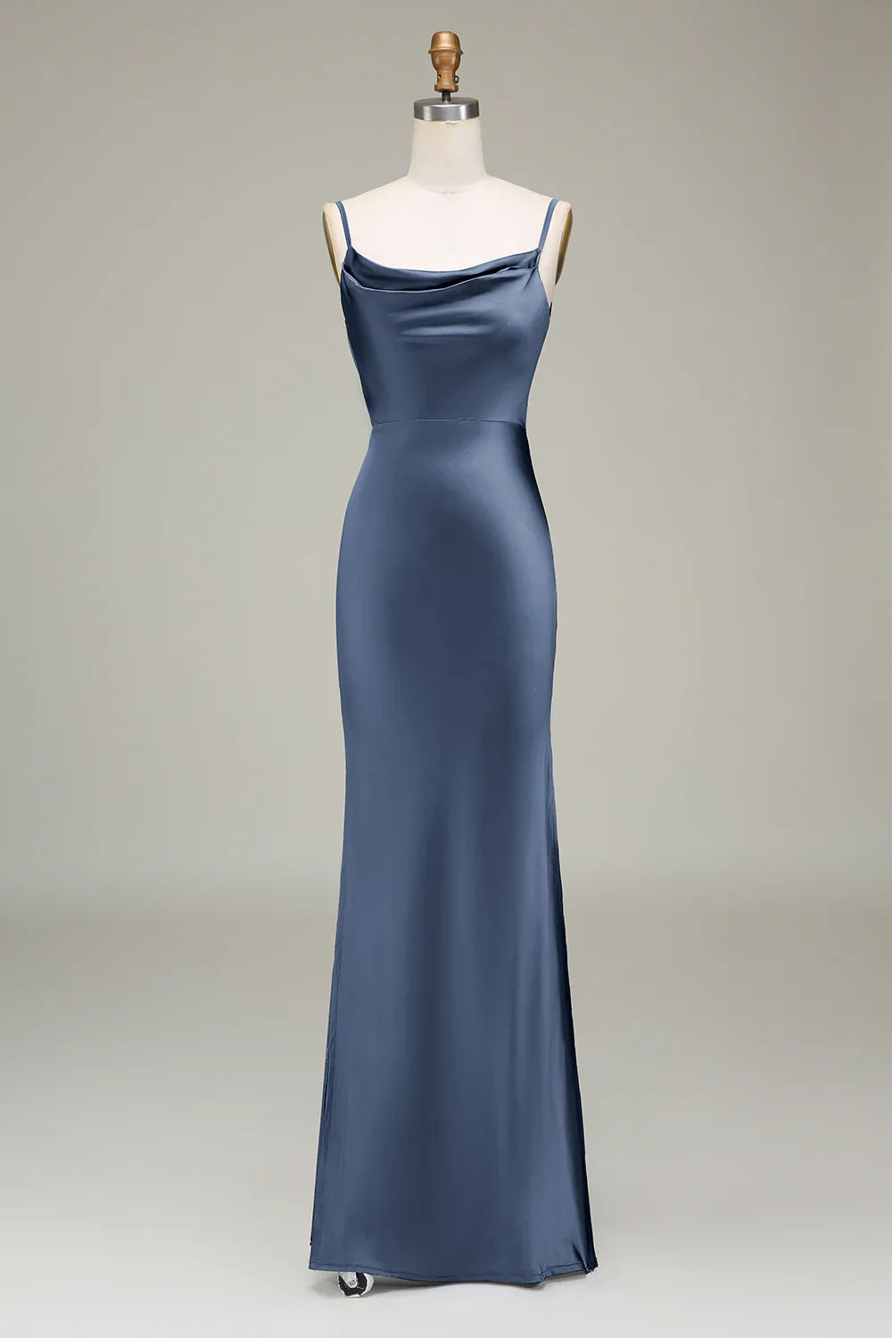 Dusty Blue Sheath Spaghetti Straps Satin Long Bridesmaid Dress