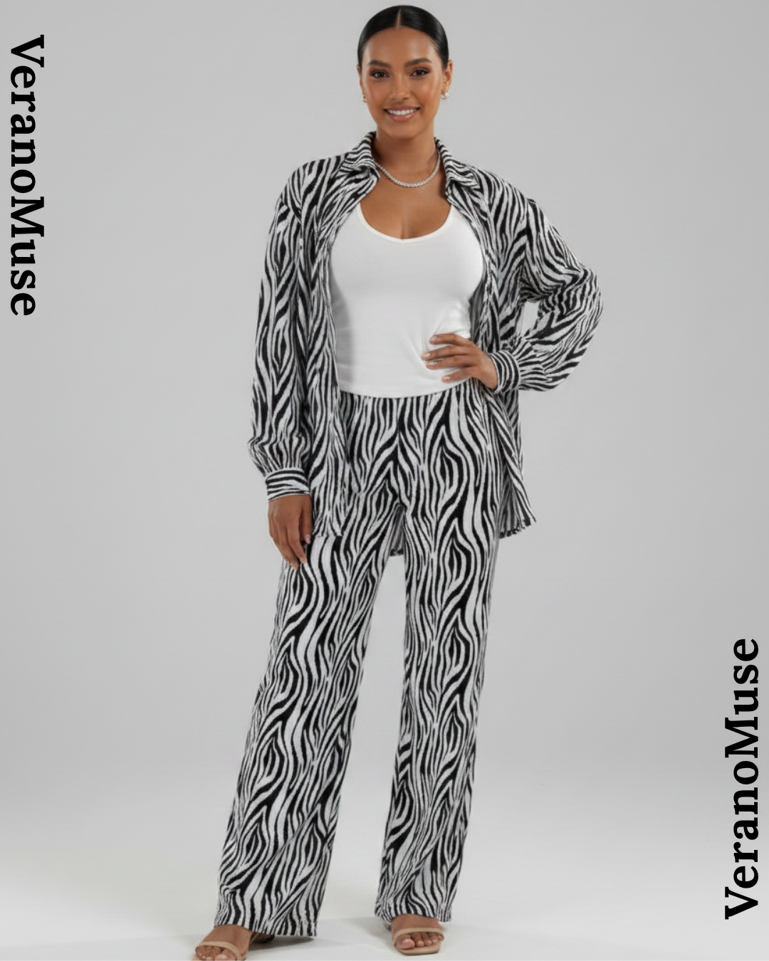 Verano Muse™ Pleated Zebra Print Long Sleeve Shirt With Wide-leg Pants