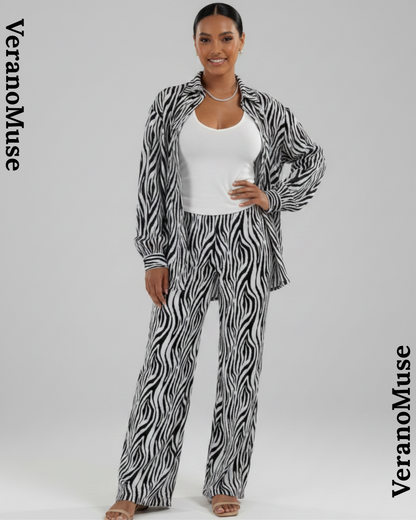 Verano Muse™ Pleated Zebra Print Long Sleeve Shirt With Wide-leg Pants