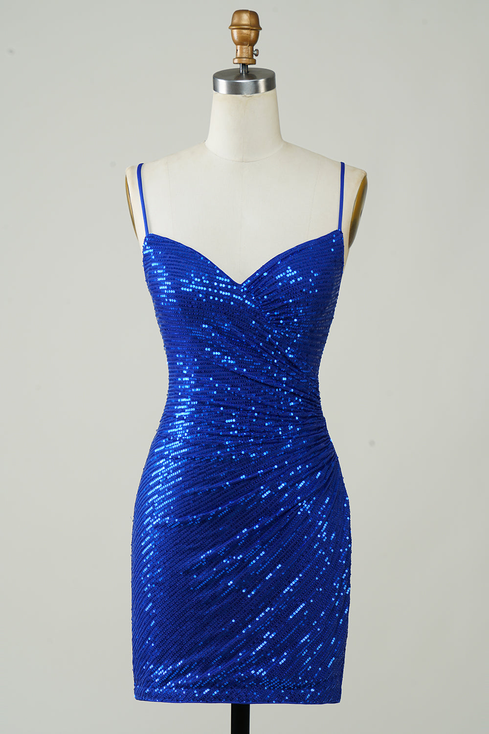 Robe Courte de Soirée Scintillante Bleu Royal à Paillettes et Bretelles Fines