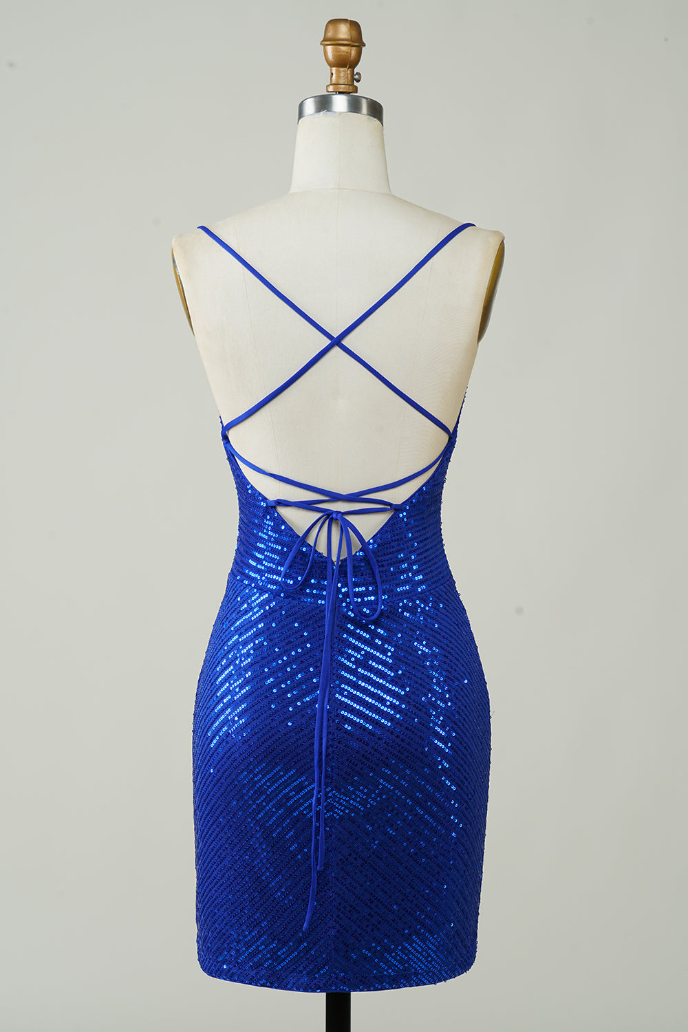 Robe Courte de Soirée Scintillante Bleu Royal à Paillettes et Bretelles Fines