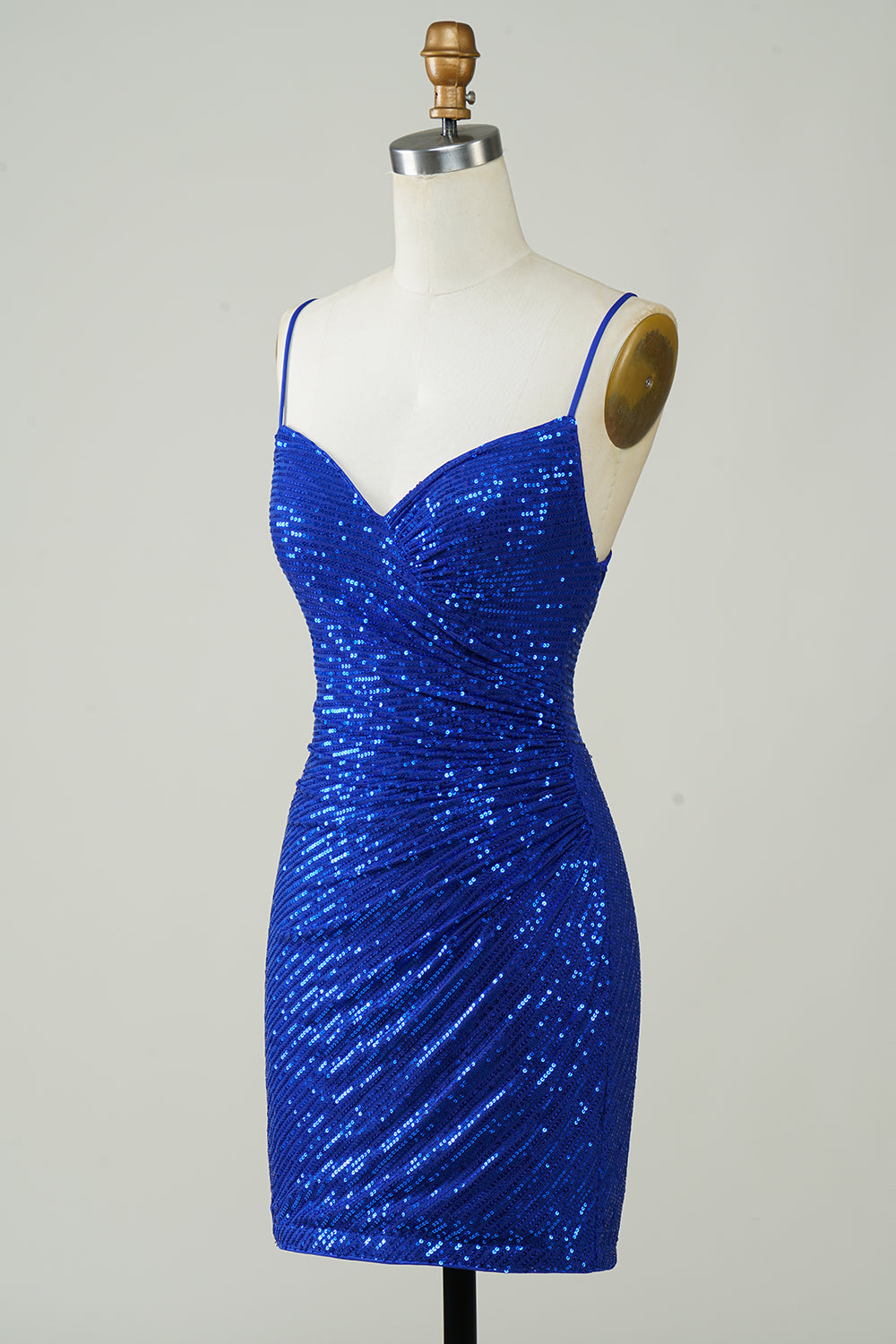 Robe Courte de Soirée Scintillante Bleu Royal à Paillettes et Bretelles Fines