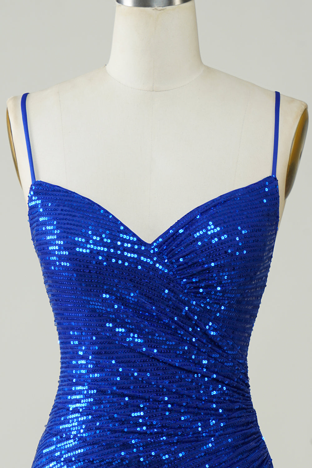 Robe Courte de Soirée Scintillante Bleu Royal à Paillettes et Bretelles Fines
