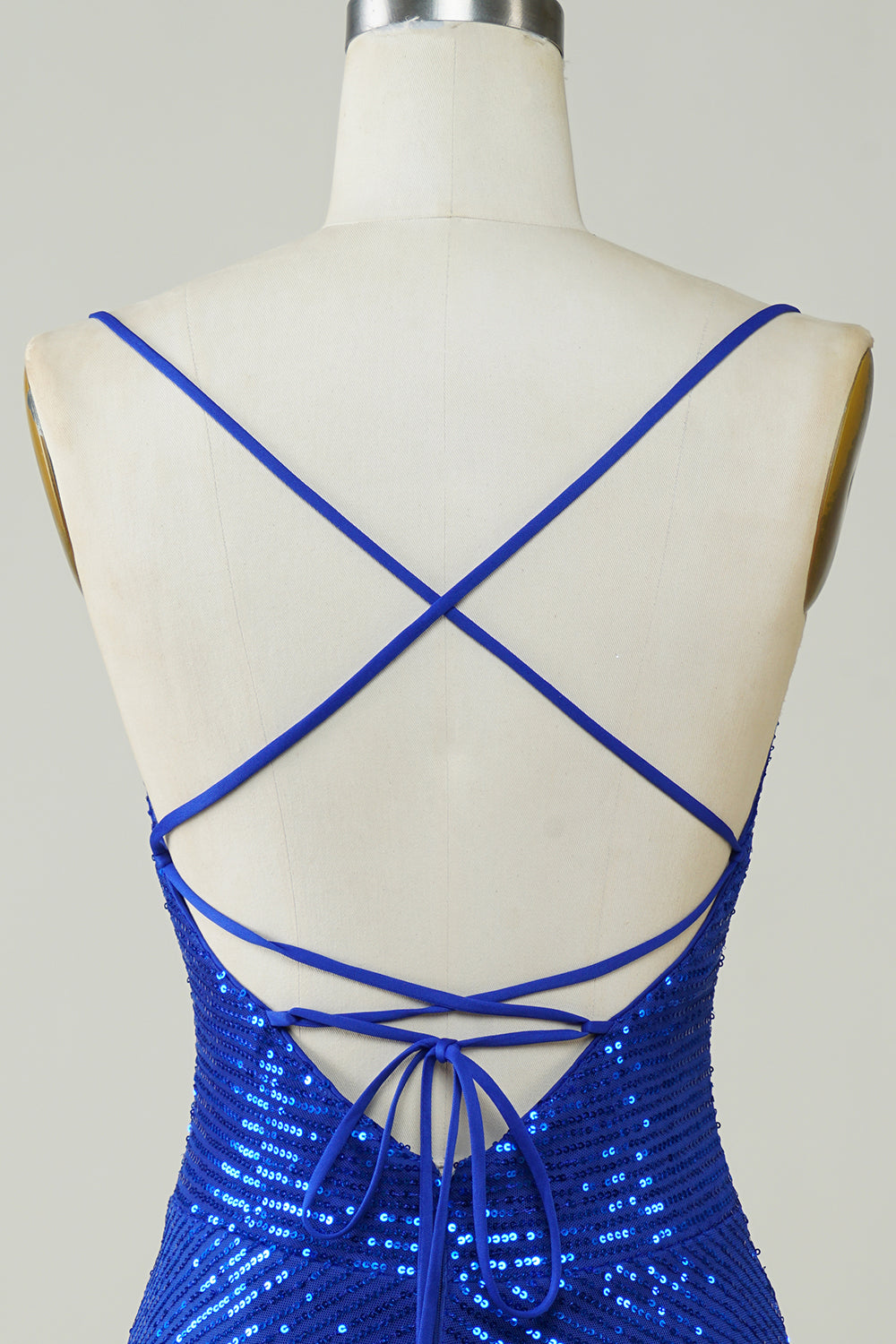 Robe Courte de Soirée Scintillante Bleu Royal à Paillettes et Bretelles Fines