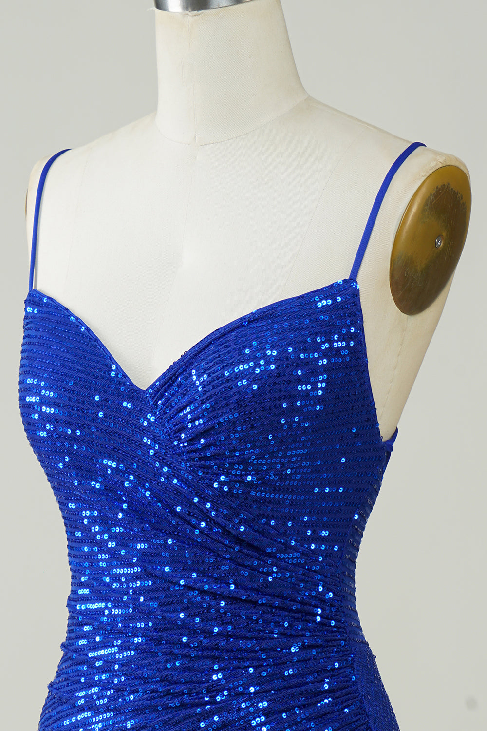 Robe Courte de Soirée Scintillante Bleu Royal à Paillettes et Bretelles Fines