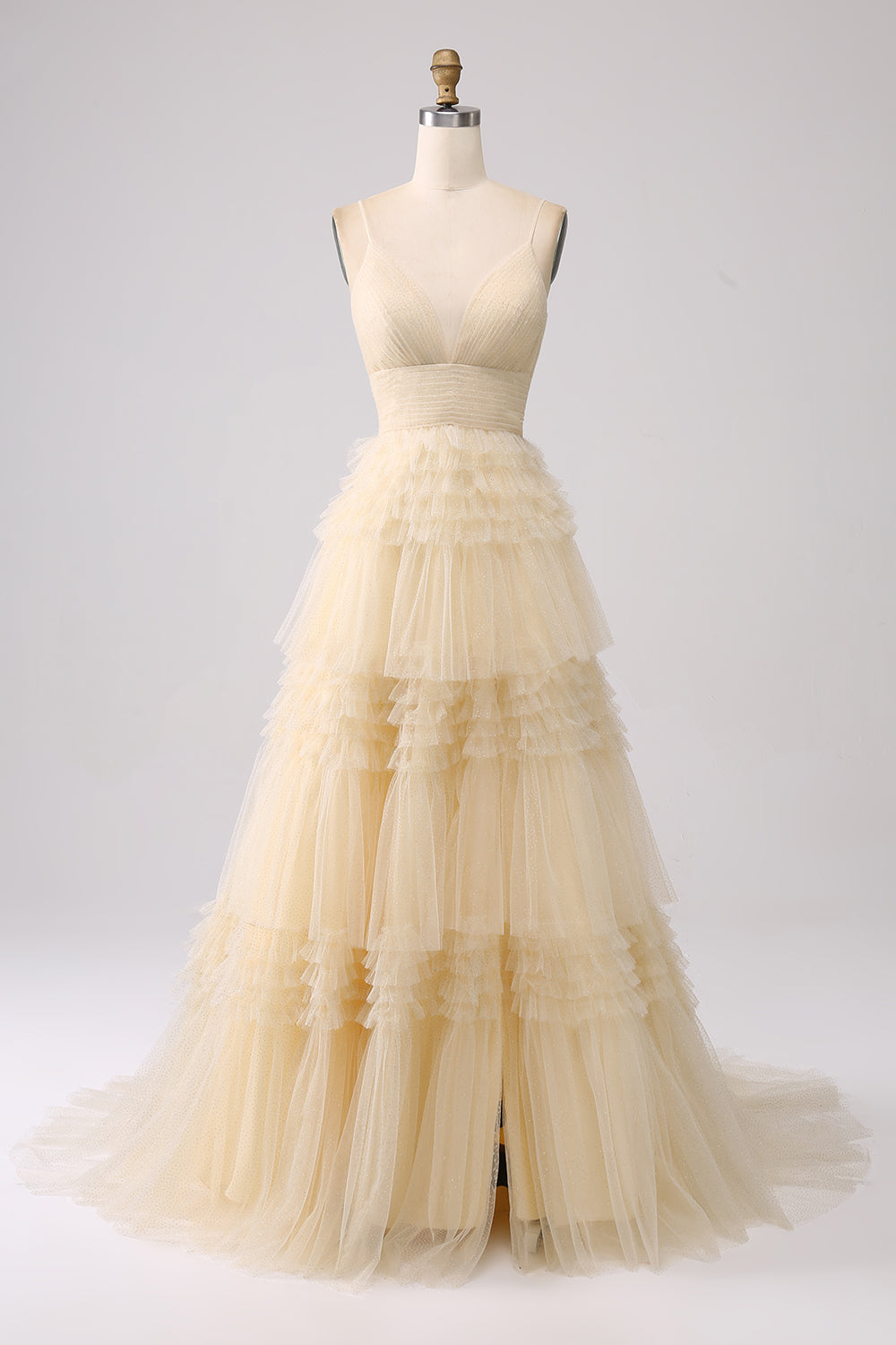 Robe de bal longue bleu marine à bretelles spaghetti en forme trapèze avec volants