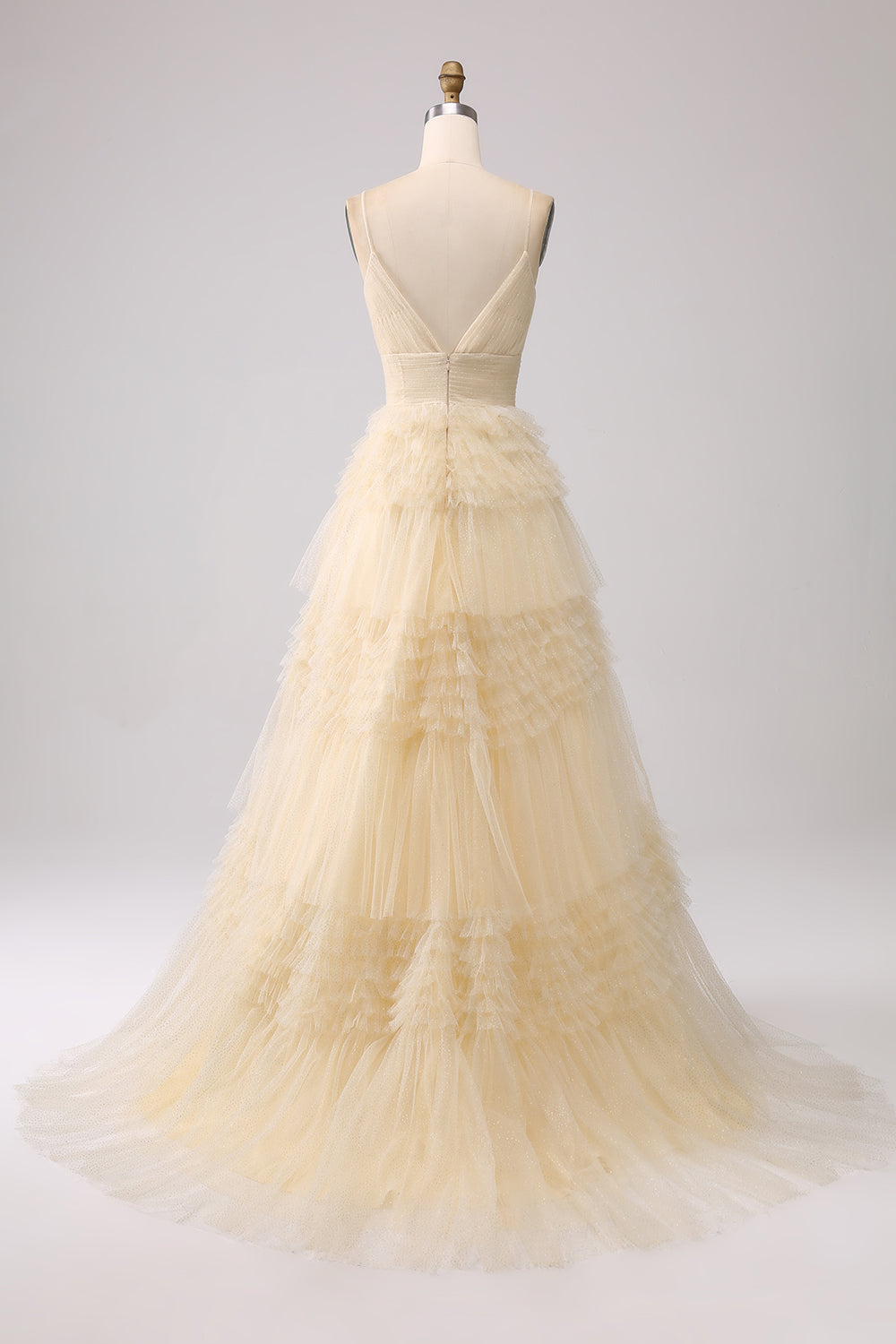 Robe de bal longue bleu marine à bretelles spaghetti en forme trapèze avec volants