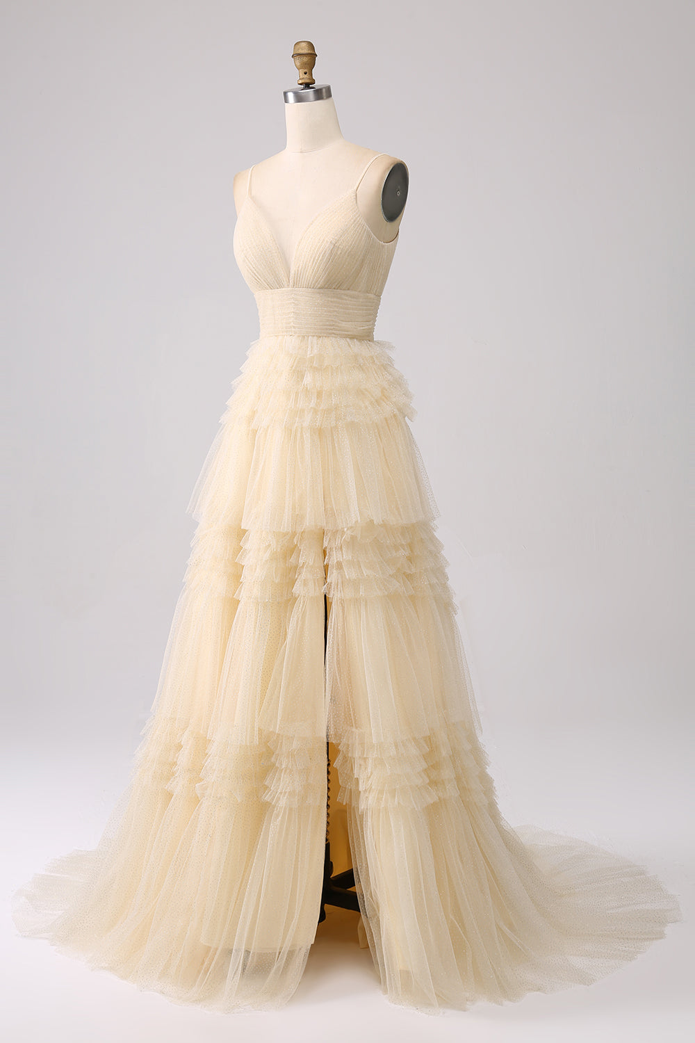 Robe de bal longue bleu marine à bretelles spaghetti en forme trapèze avec volants