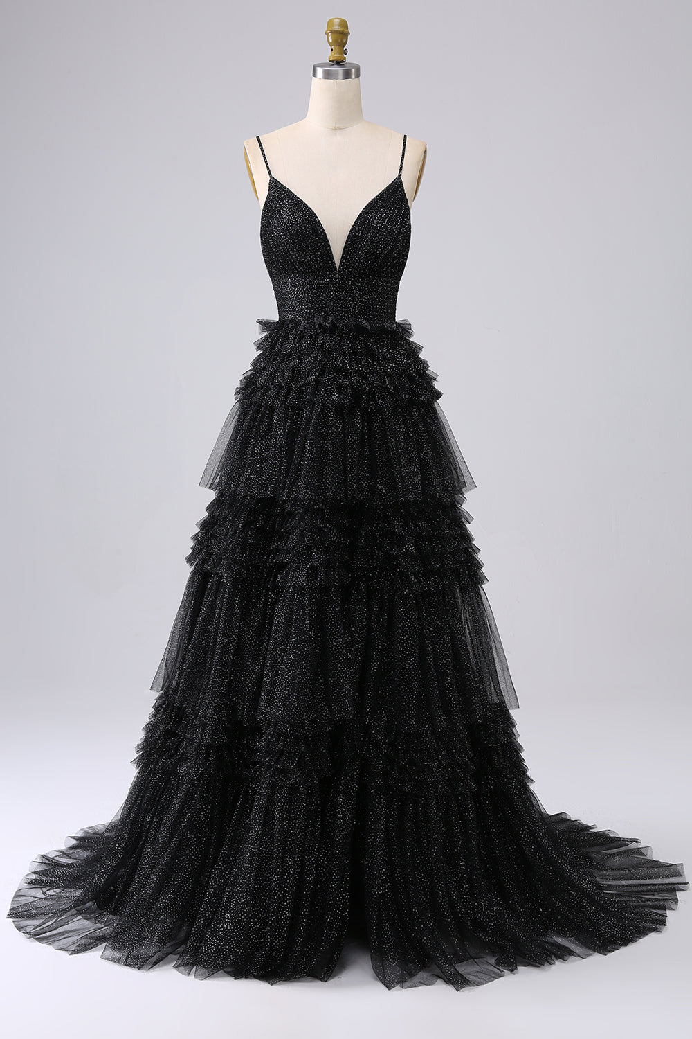 Robe de bal longue bleu marine à bretelles spaghetti en forme trapèze avec volants