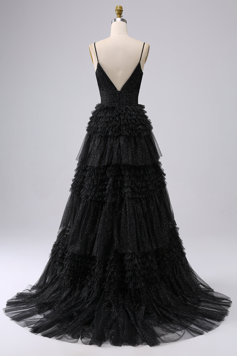 Robe de bal longue bleu marine à bretelles spaghetti en forme trapèze avec volants